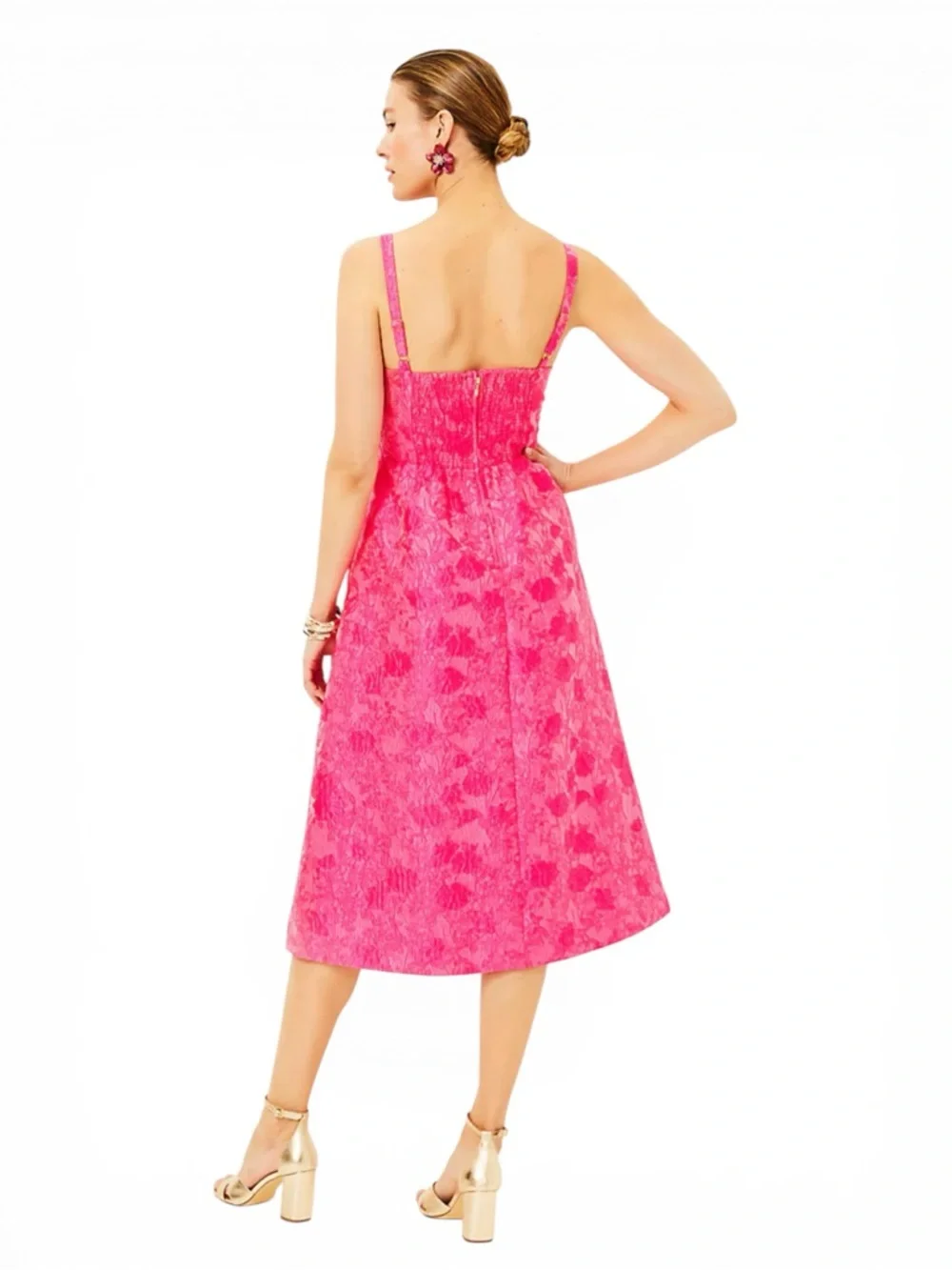 NWT Lilly Pillitzer ELLARA Jacquard Midi Bow Dress, Passion Fuit Pink Leaf 6 - Picture 3 of 7